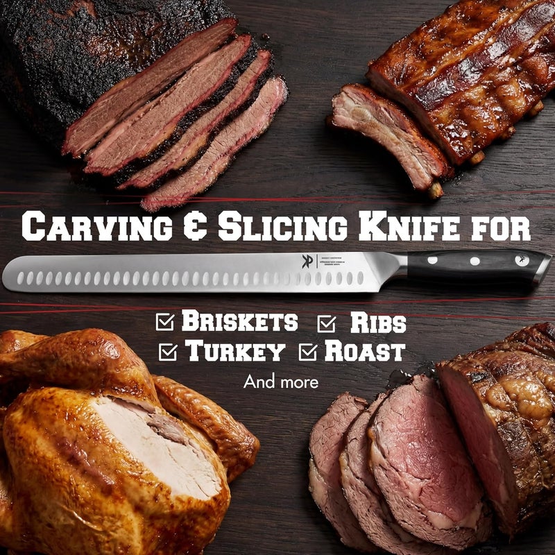 Kitchen perfection 12” Brisket Knife for Carving & Slicing Meat - Ultra Sharp Premium German Steel Granton Edge with Sheath, Full Tang Ergonomic Handle.For BBQ, Turkey & Ribs- Grilling Gifts for Men - Image 4